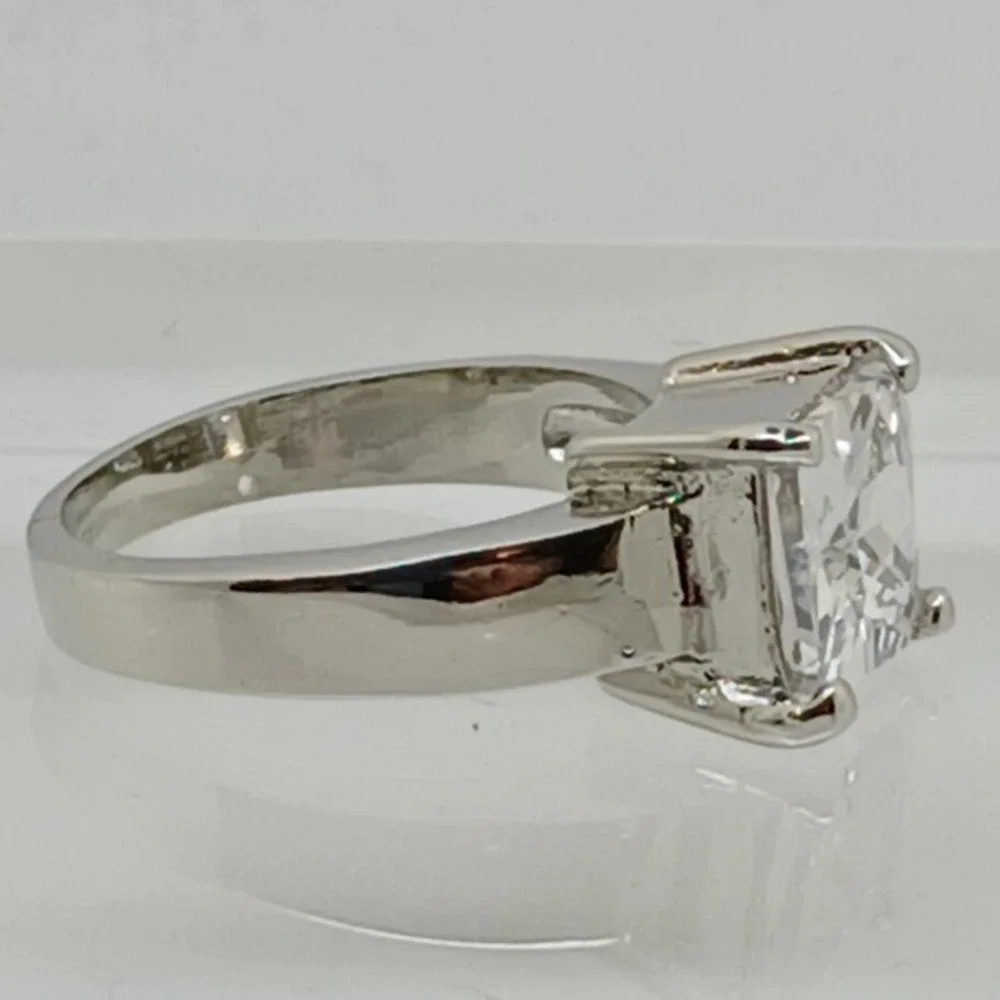 Vintage 90s Princess Cut Sim Diamond Solitaire Ring Silver Tone Wide Band Size 9